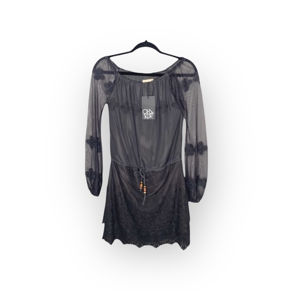 new Chaser ✶ Vintage Inspired Mesh + Lace Off Shouder Mini Dress ✶ Black XS ✶ - Picture 4 of 16